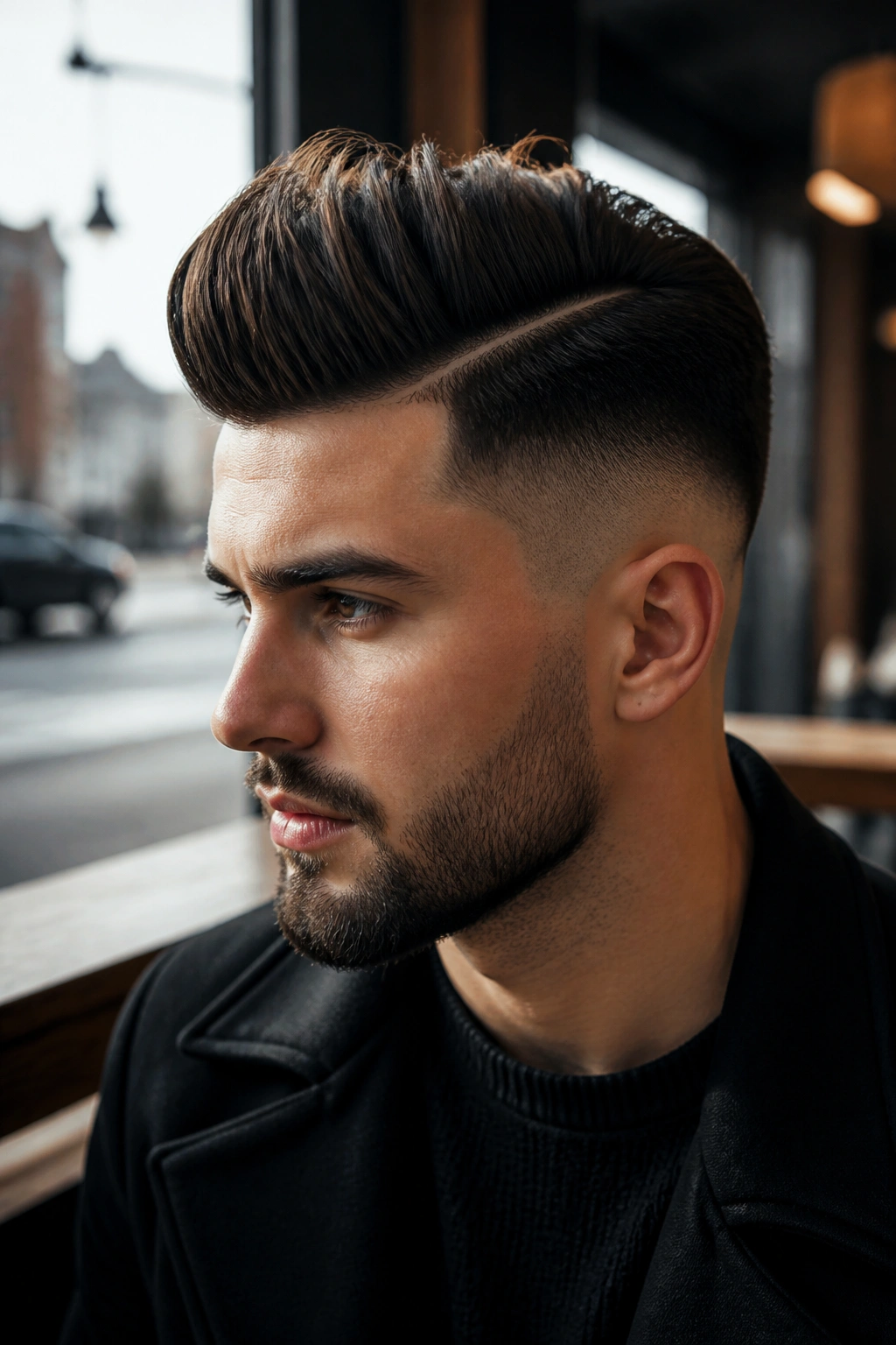 Close-up portrait of a man with a disconnected quiff and hard part