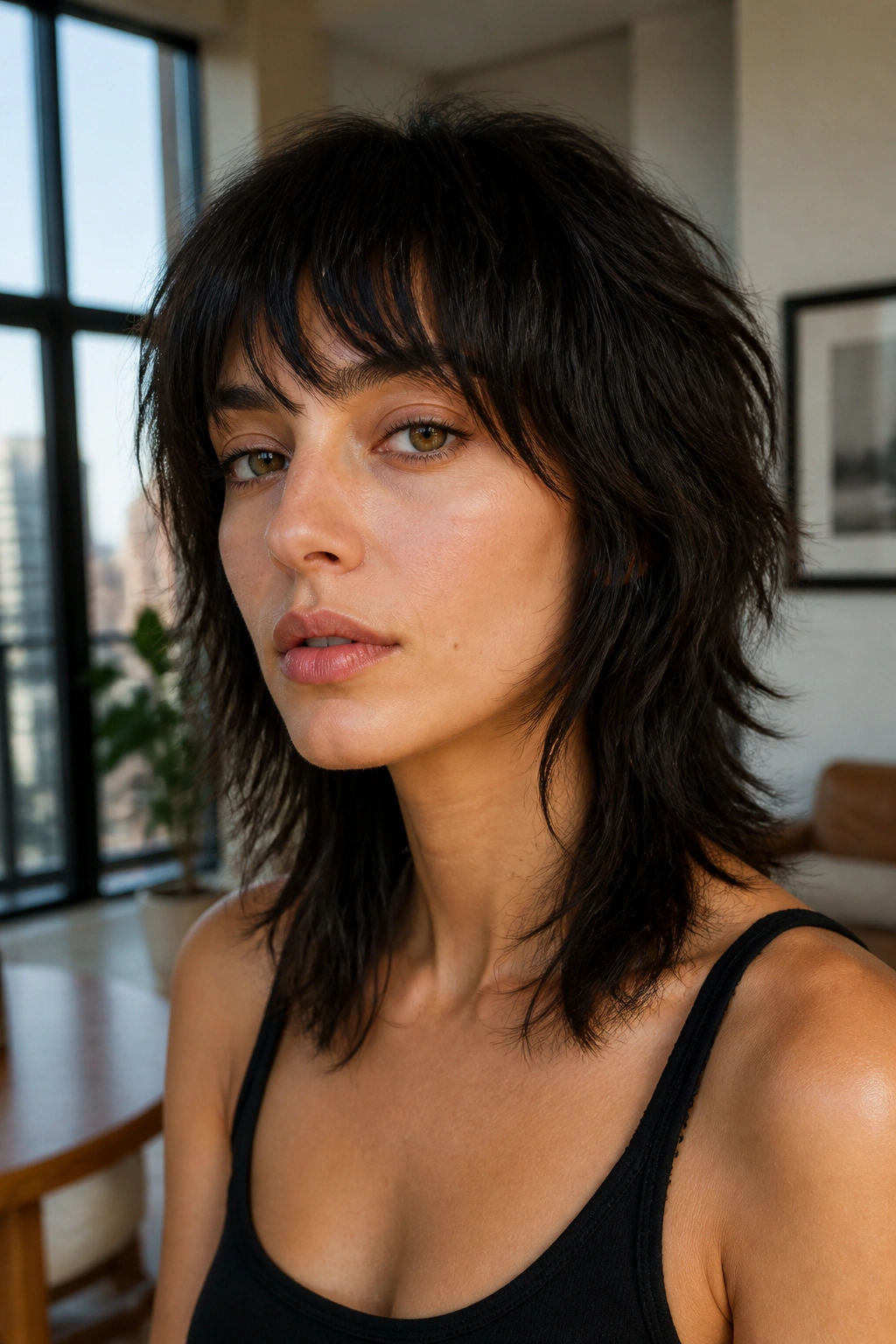 Close-up portrait of a real woman with Disconnected Shag With Piecey Texture