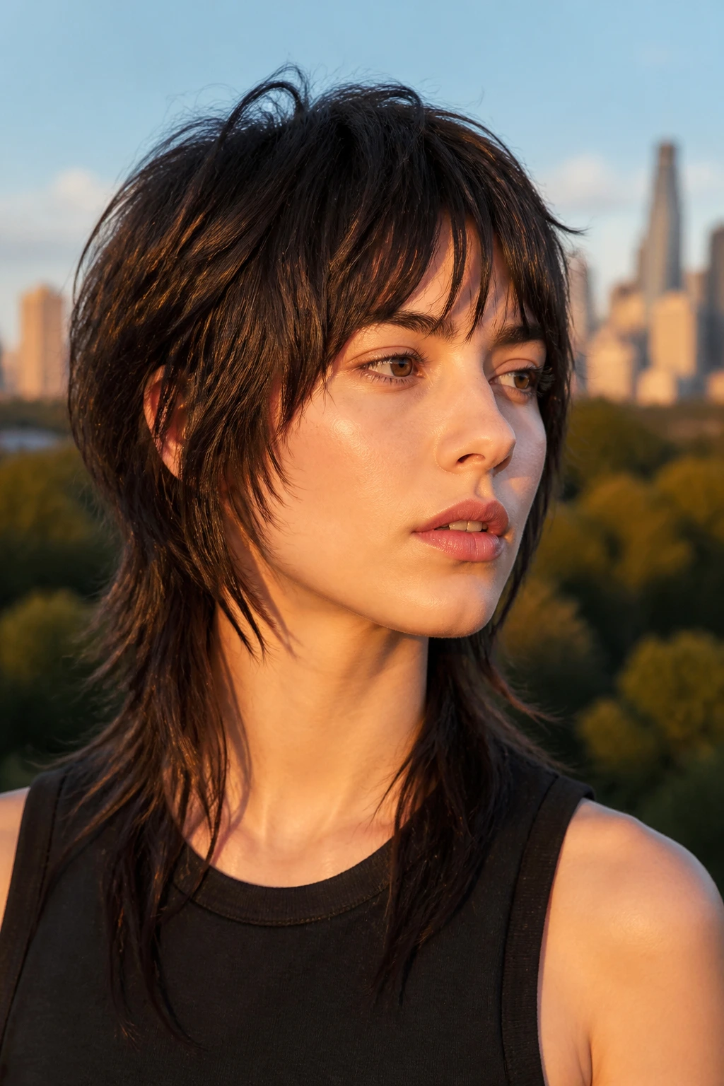 Close-up portrait of a real person with a disconnected shag on straight hair in urban golden hour light