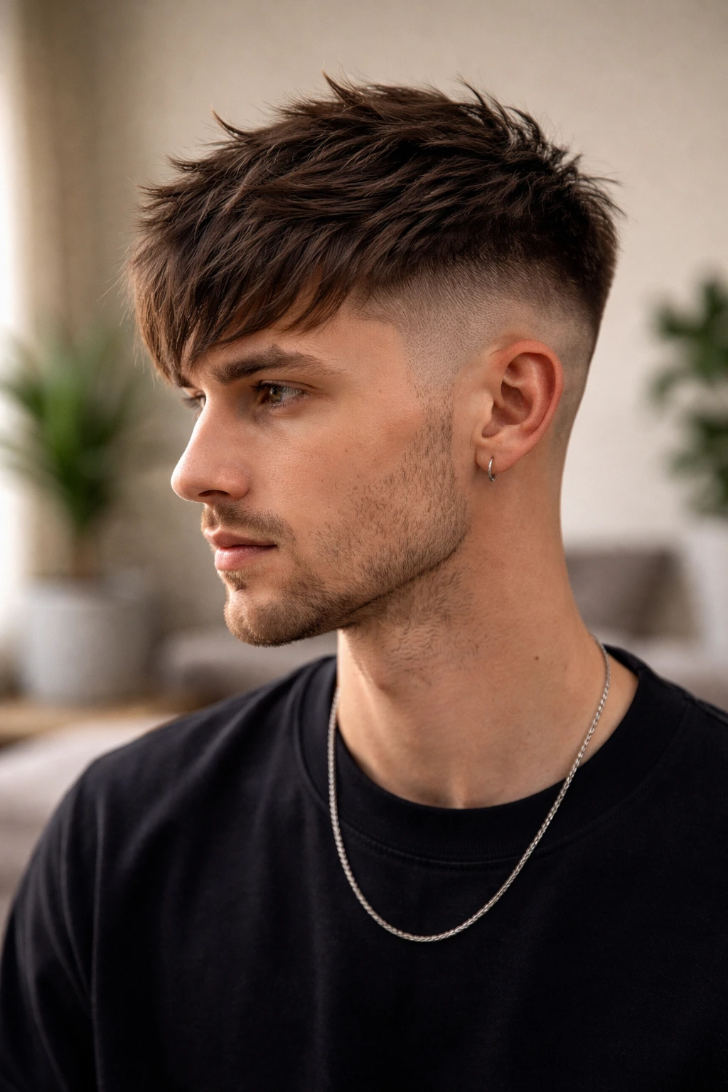 Portrait of man with disconnected undercut crop and clear line between top and sides