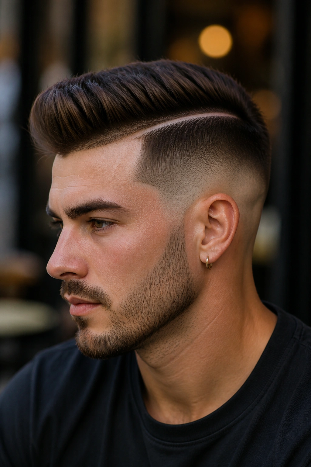 Close-up portrait of a man with a distinct hard-seamed disconnected undercut