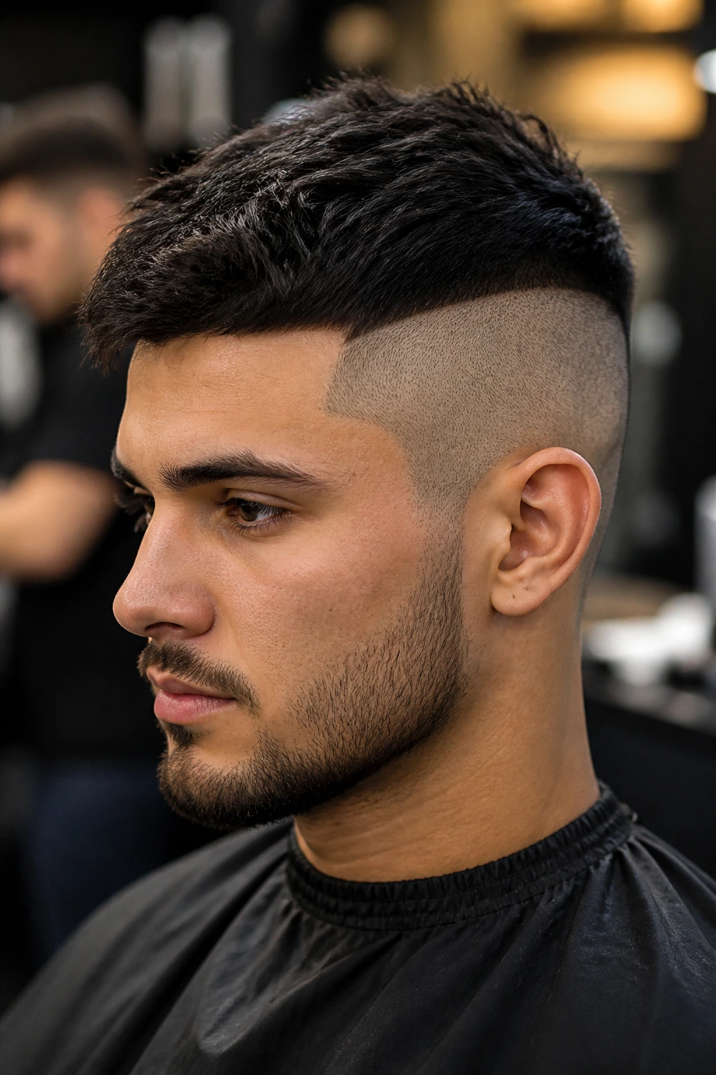 Close-up of a man with a disconnected undercut highlighting the sharp top-sides contrast.