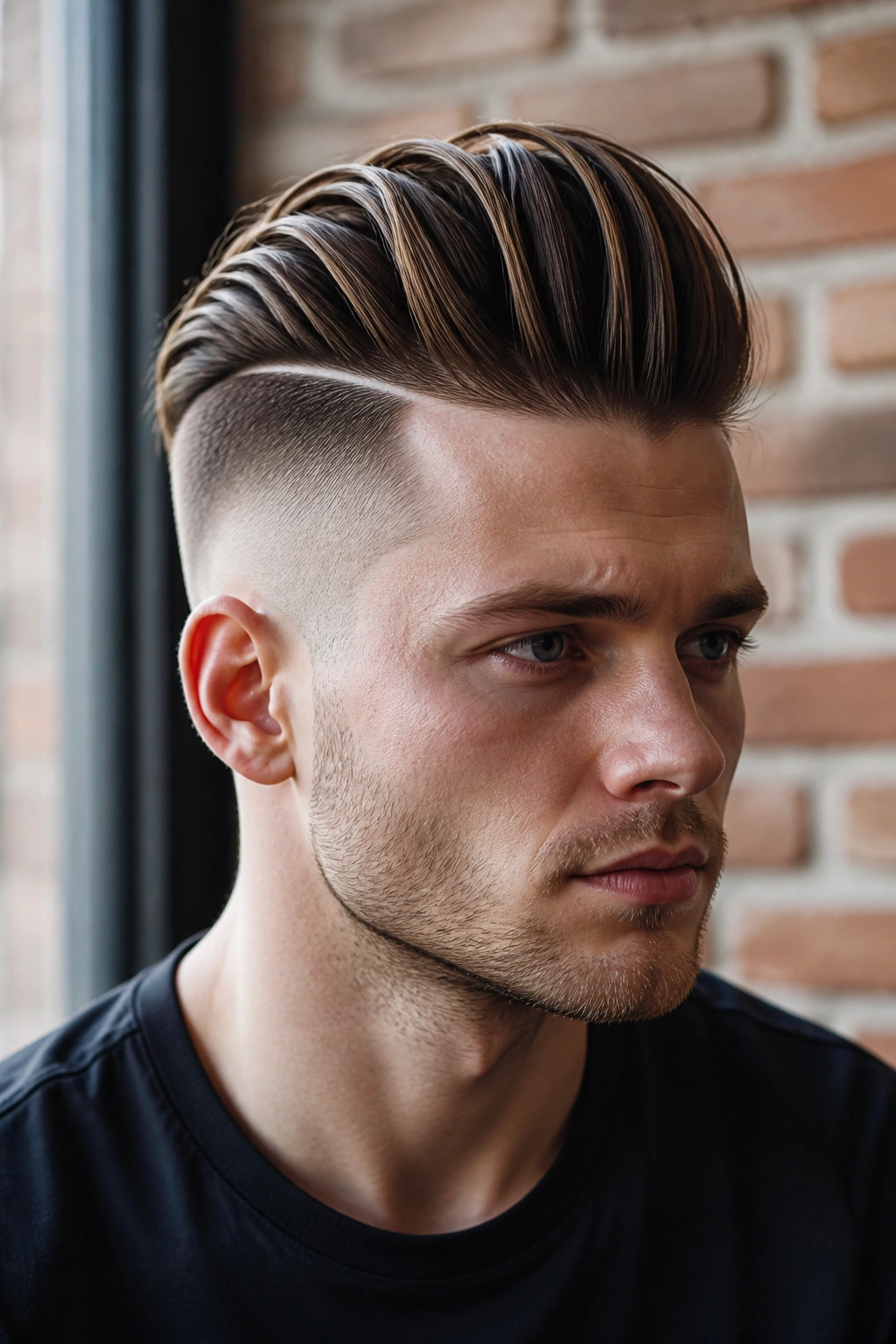 Close-up portrait of a man with a disconnected undercut pompadour.