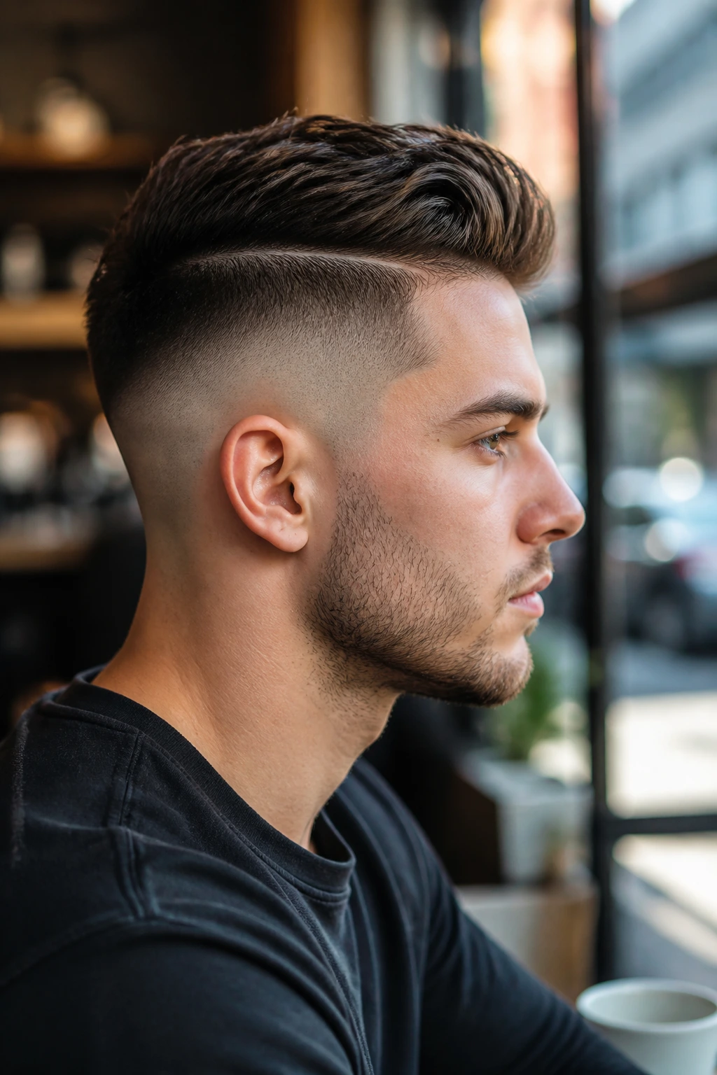 Side profile of a man with a sharp disconnect between top and sides in warm cafe light