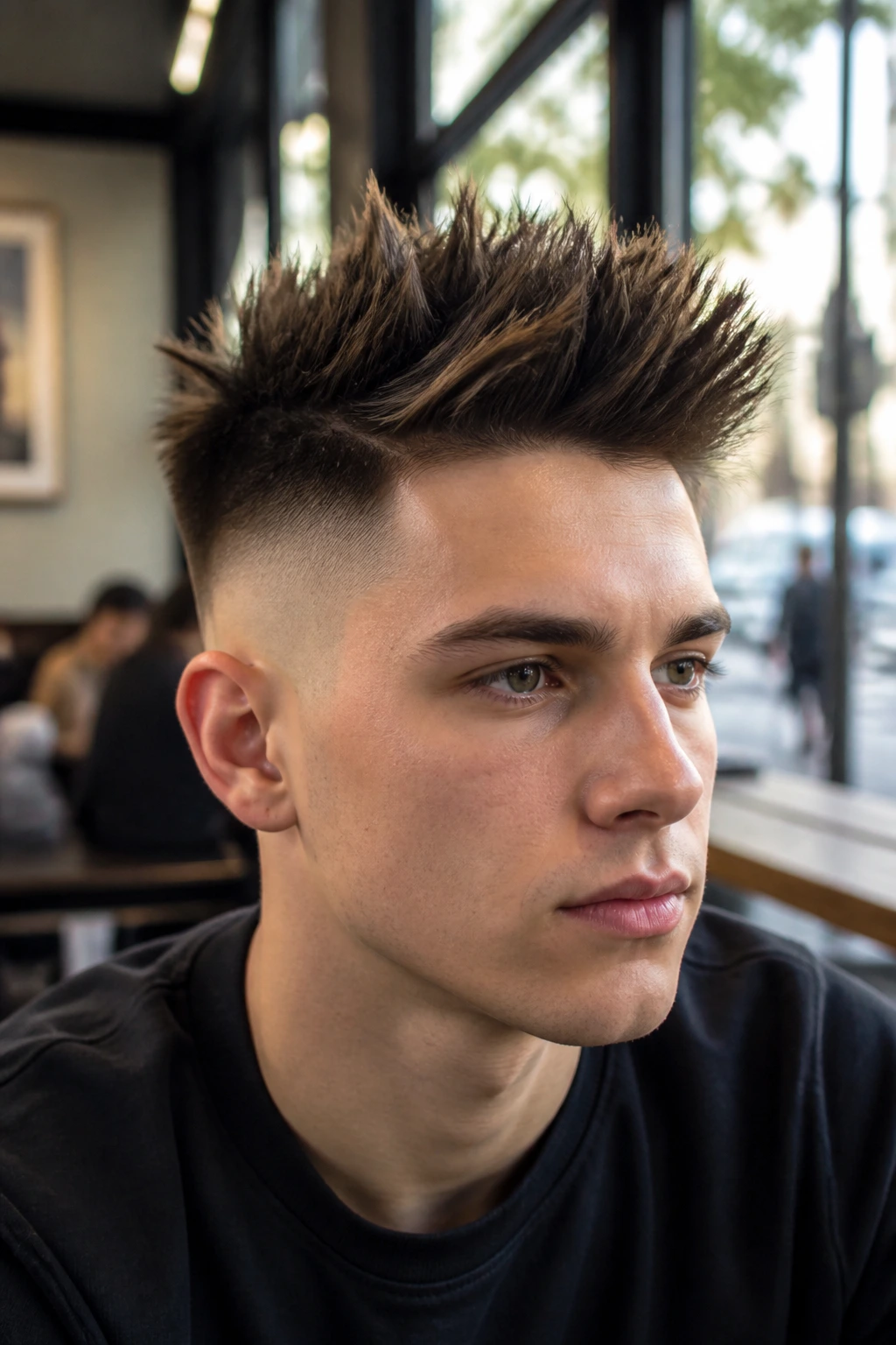 Close-up portrait of a man with disconnected undercut and spiky top in an urban cafe.
