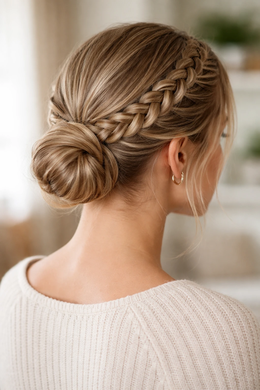 Close-up of a real woman with two Dutch braids forming a low bun