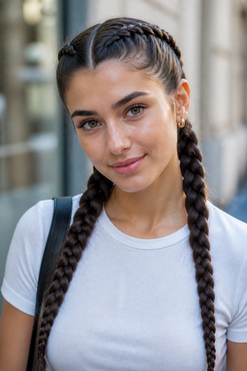 Close-up of a real woman with two symmetrical braids on the crown area