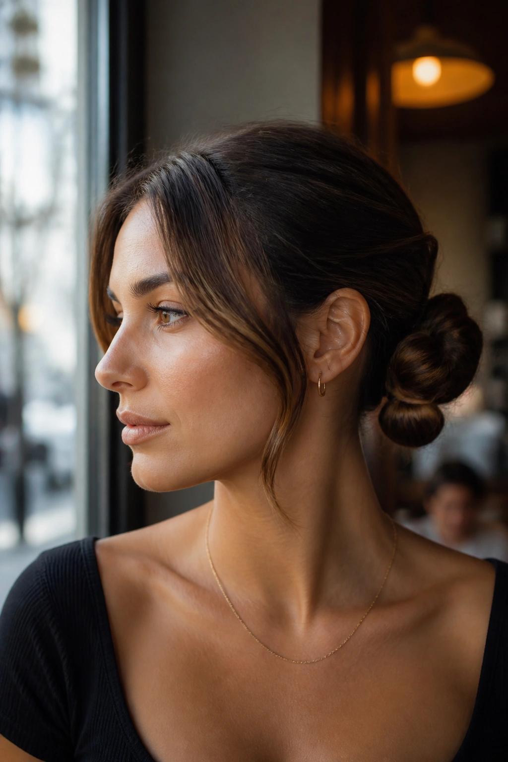 Close-up portrait of a real woman with two low buns at the back of the head