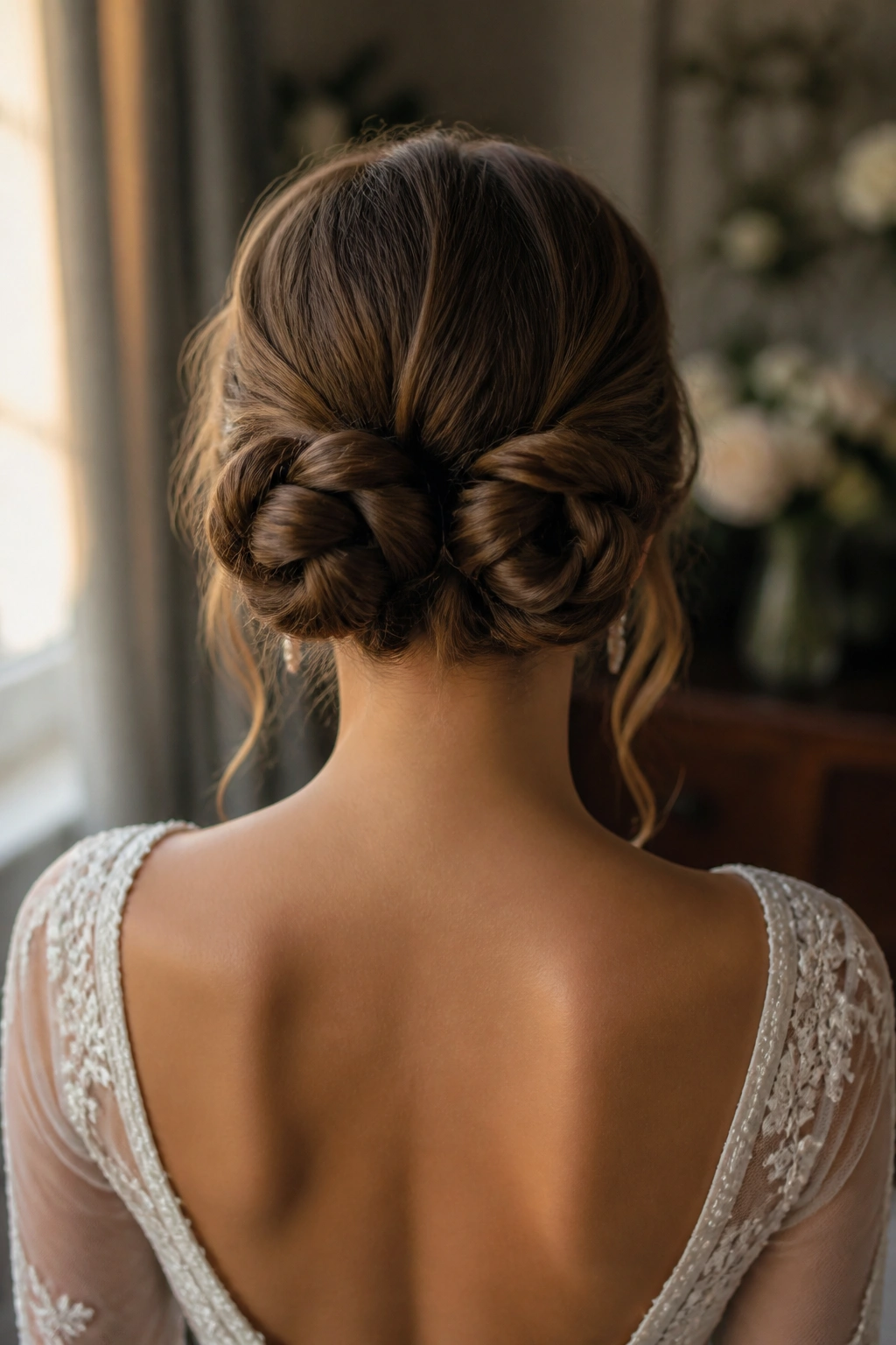 Back-of-head view showing two knotted chignon sections