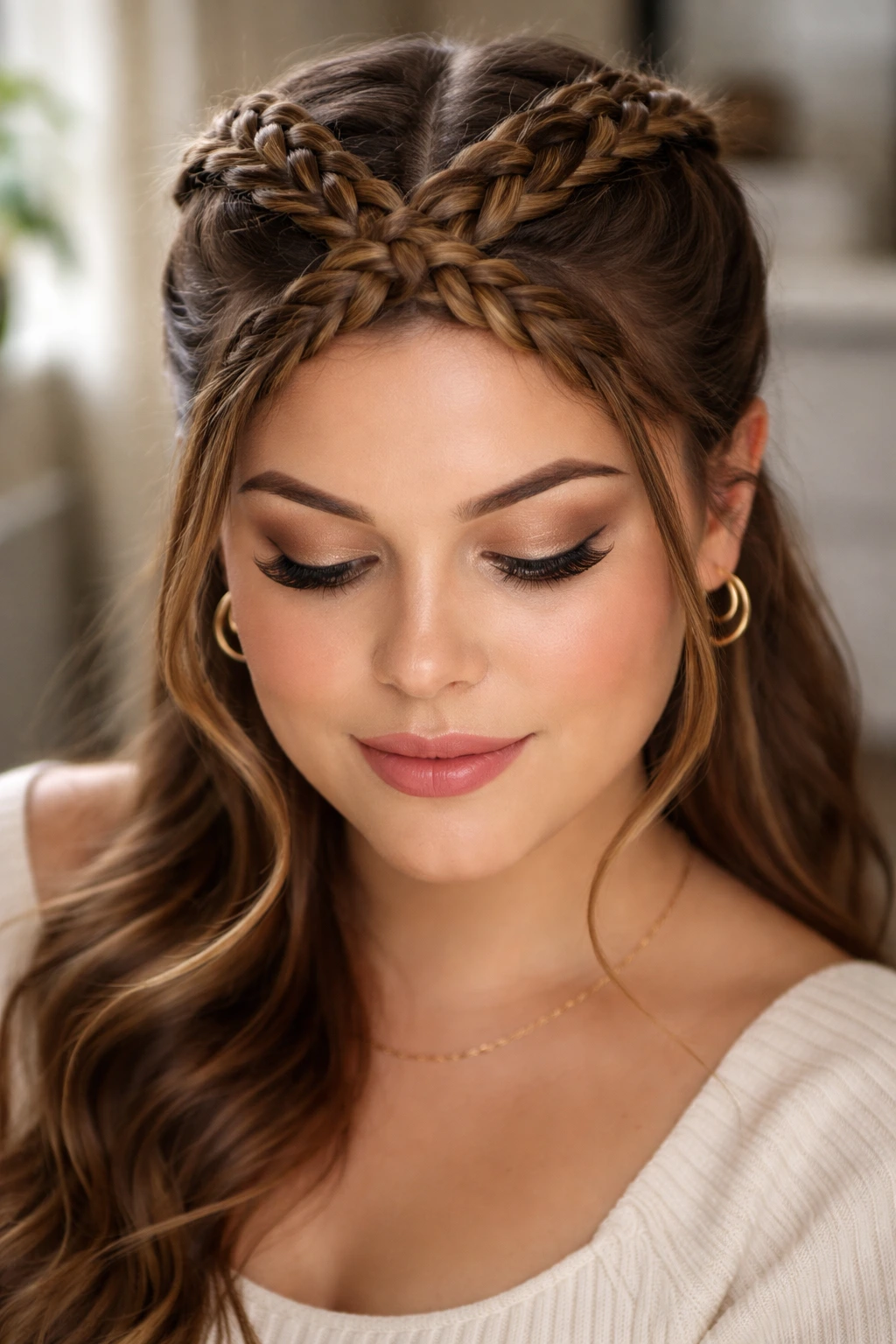 Close-up of a real woman with two crown braids criss-crossing the head