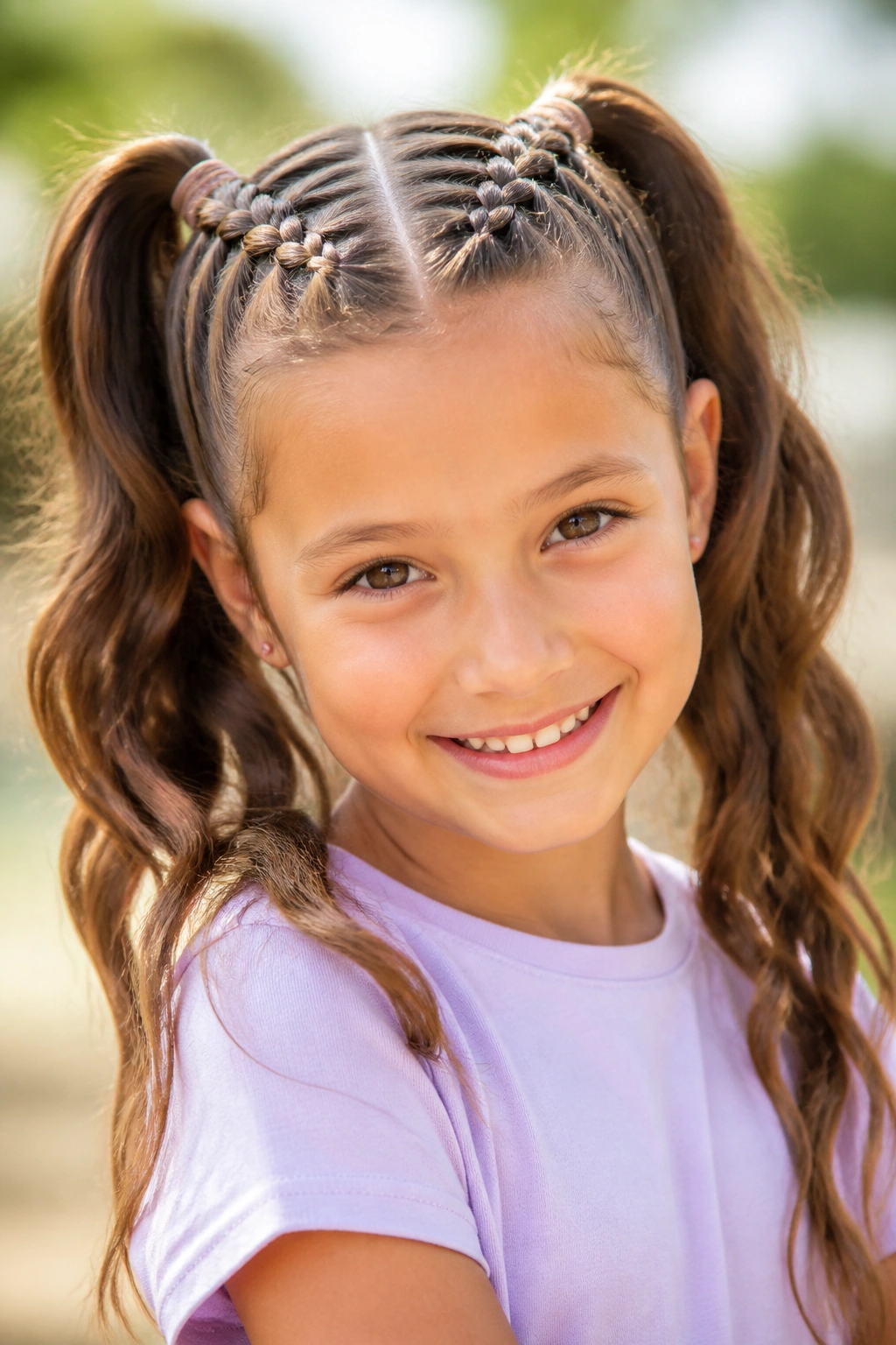 Real girl with double Dutch braid high pigtails outdoors