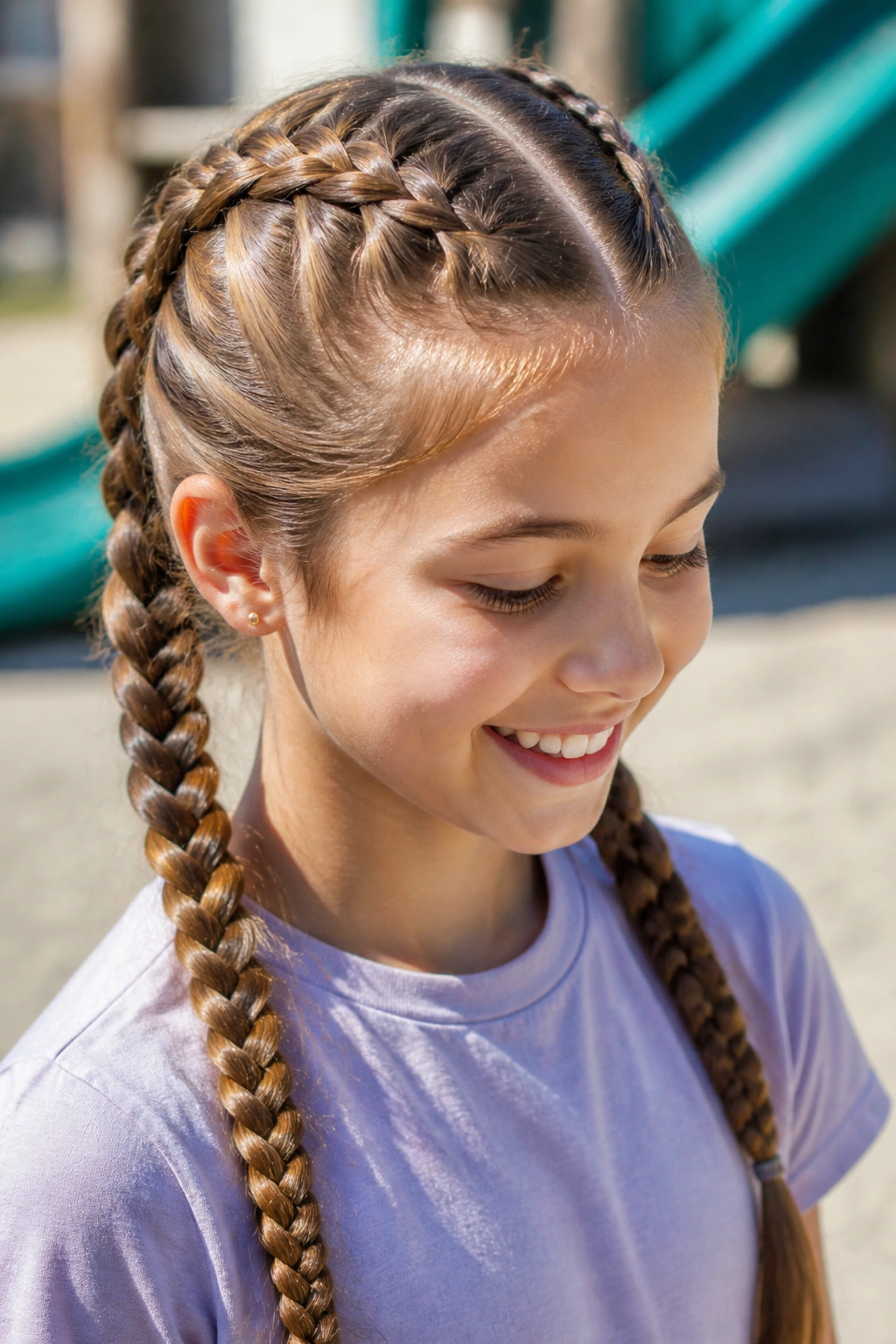 Portrait of a real girl with two Dutch braids on each side of her head