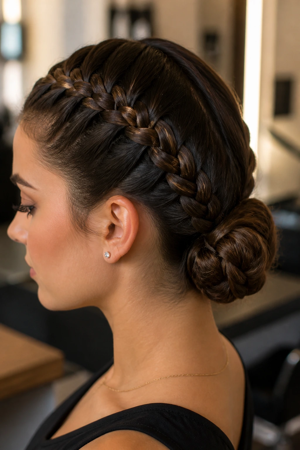Close-up of a real woman with double Dutch braids forming a low bun.