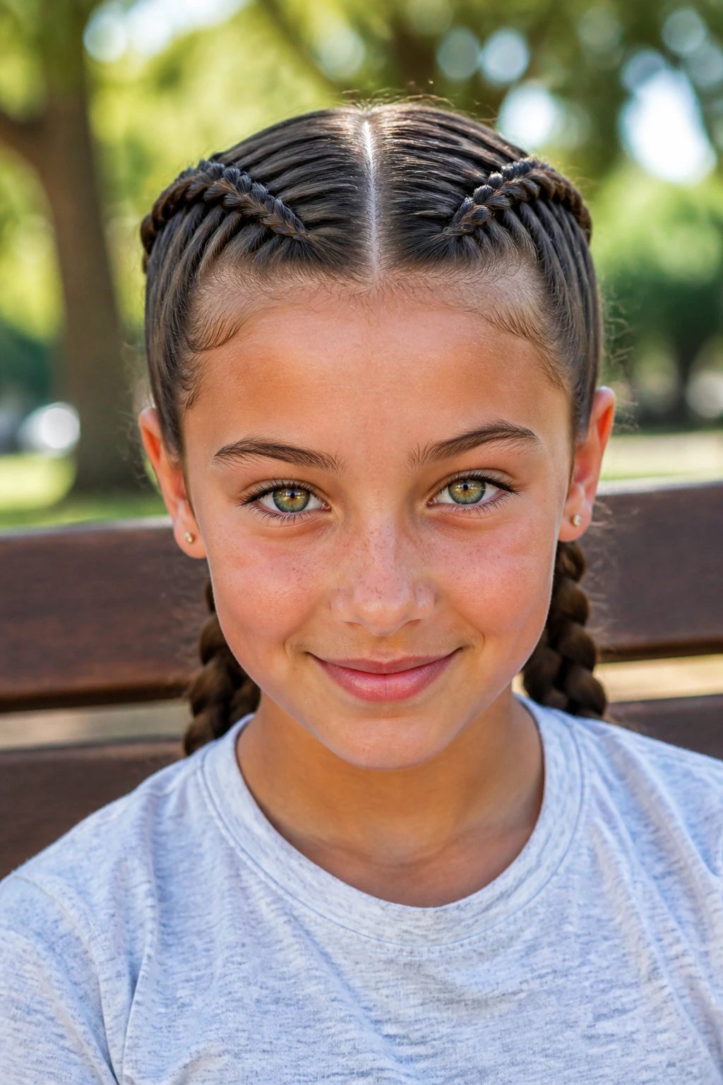 Front portrait of a girl with two close Dutch braids hugging the scalp