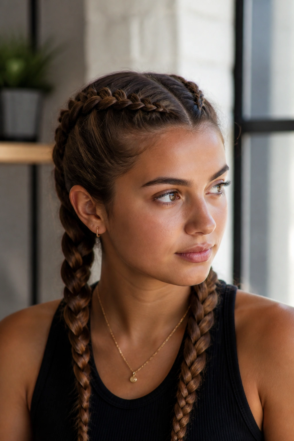 Close-up of a real woman with double Dutch braids on thick hair