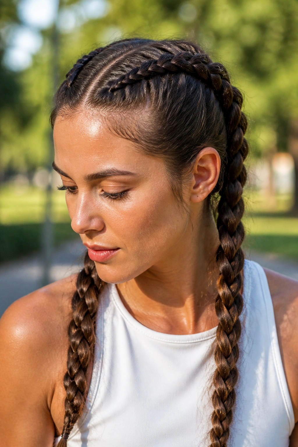 Close-up portrait of a real woman with two tight Dutch braids along the scalp on thick wavy hair