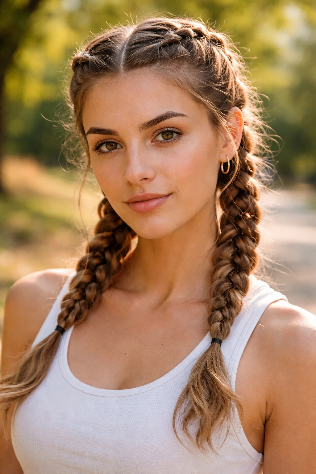 Woman with two Dutch braids on top of head, waves visible