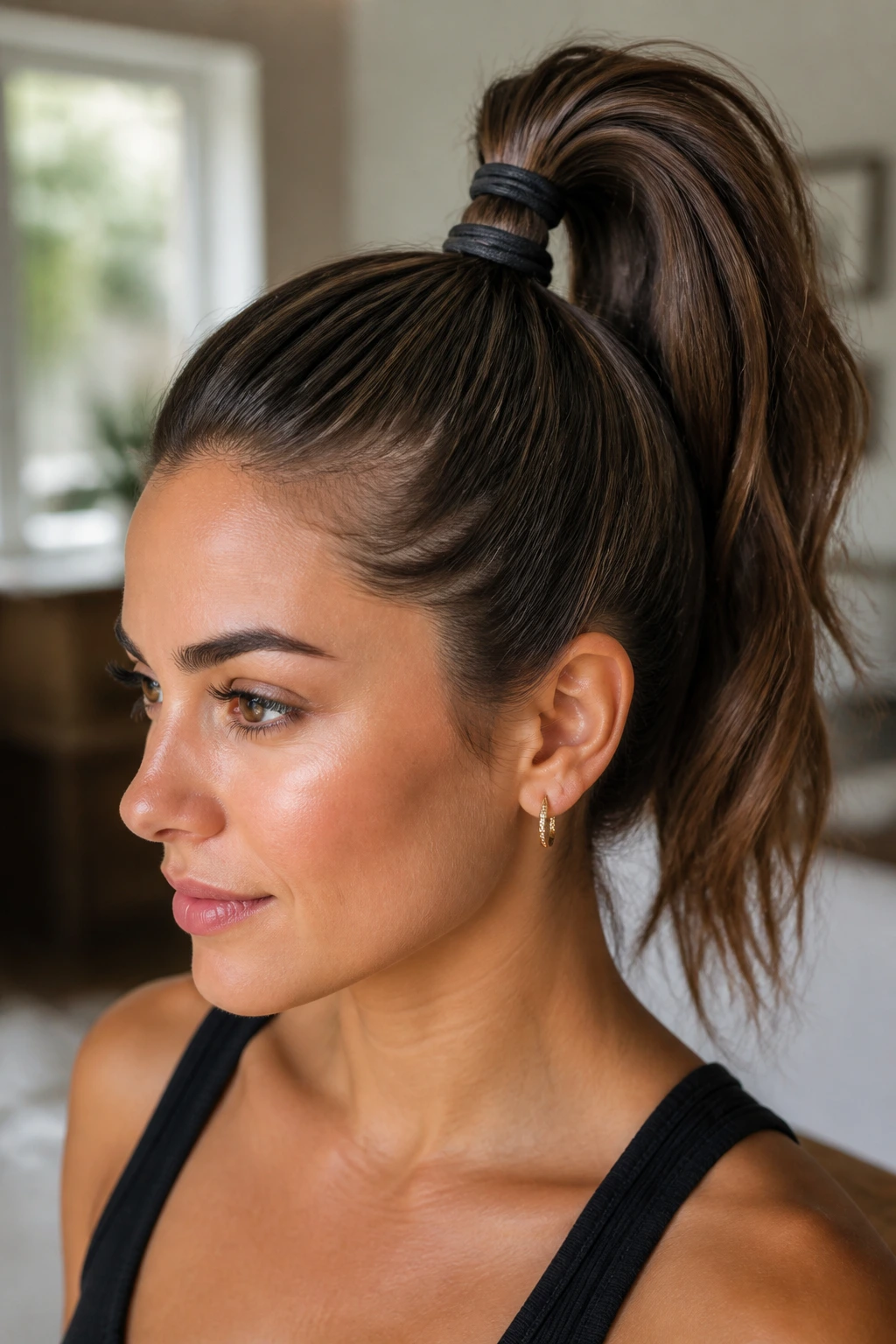 Real woman with double-elastic secure ponytail showing two elastics and lift