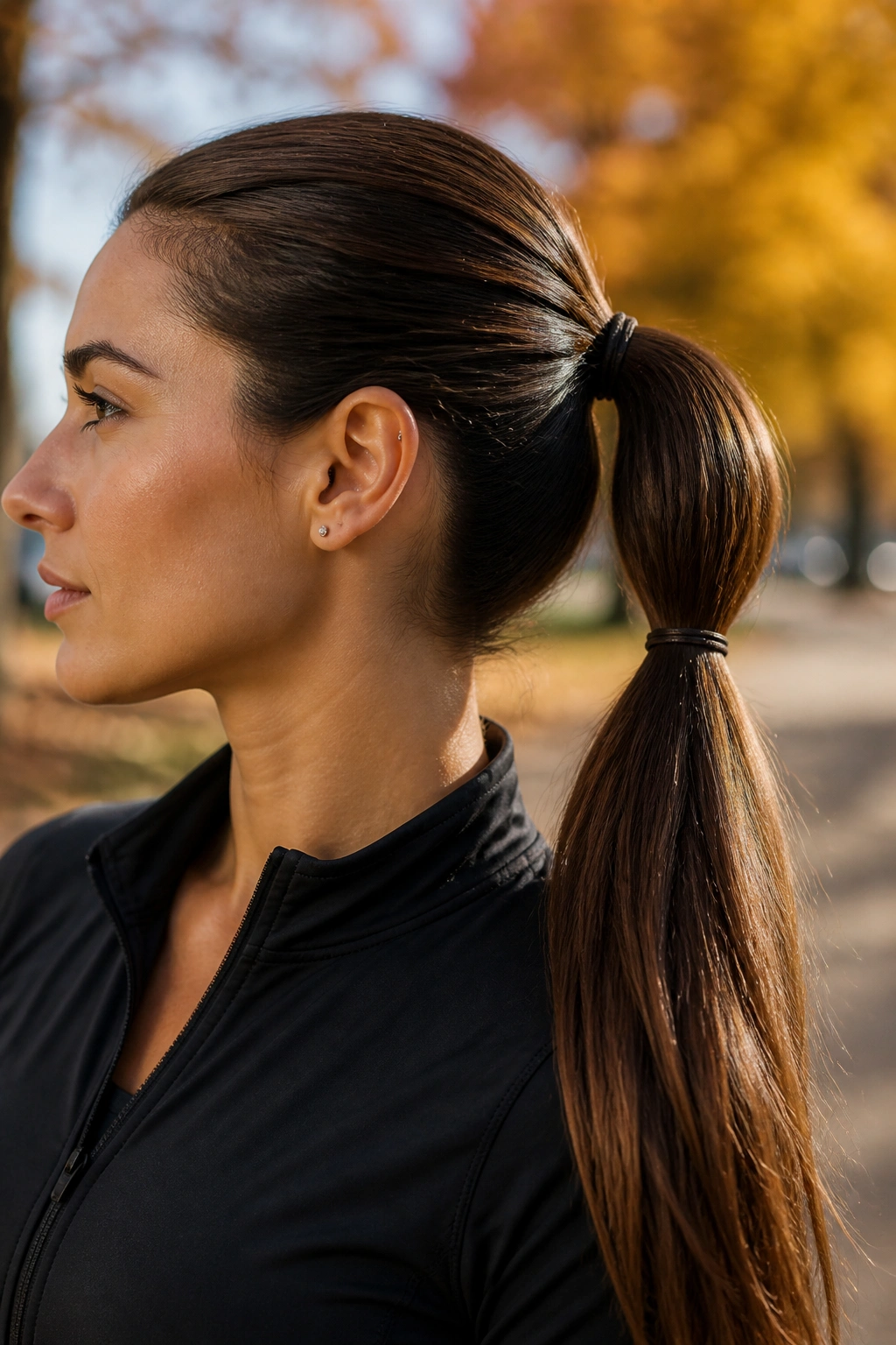 Close-up of double-elastic ponytail on a real woman in a sunny urban park