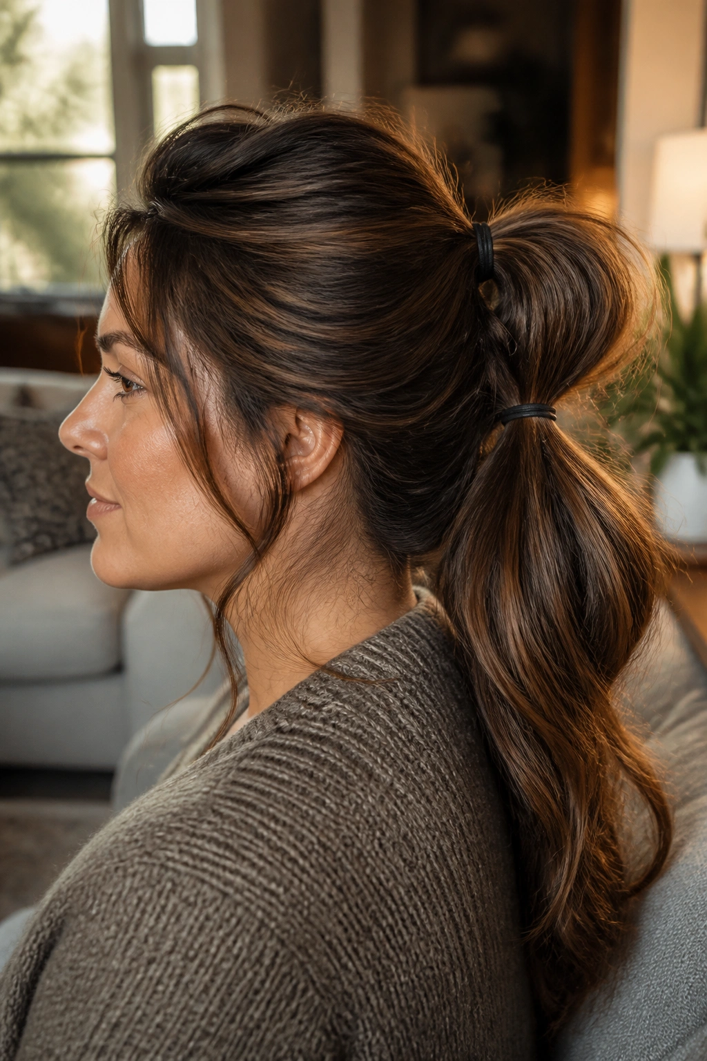 Close-up of a real woman with a double-elastic messy ponytail showing two elastics and a soft puff