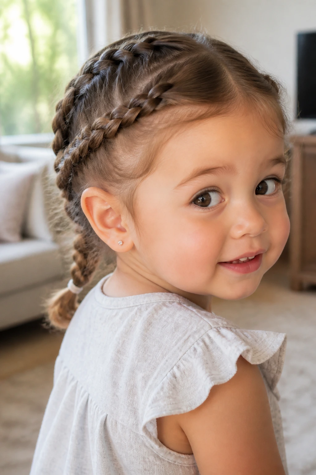 Close-up of toddler with double French braids under natural light