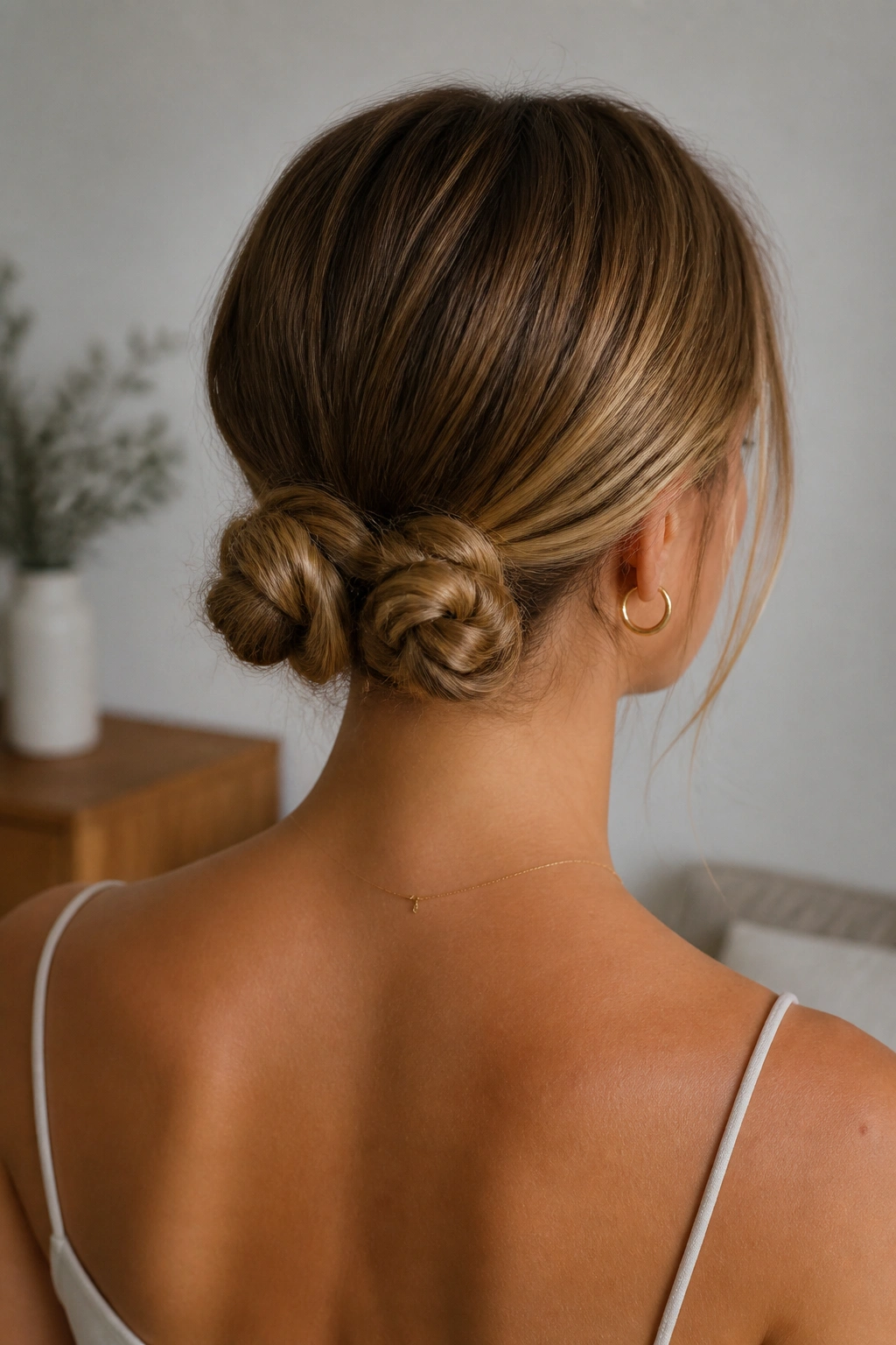 Rear portrait of double-knot bun with two knots at the nape