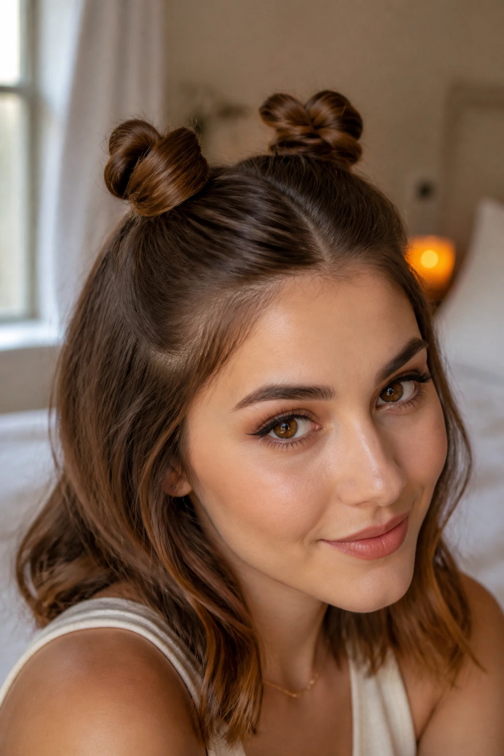 Close-up of a real woman with two small buns at the crown in a softly lit bedroom