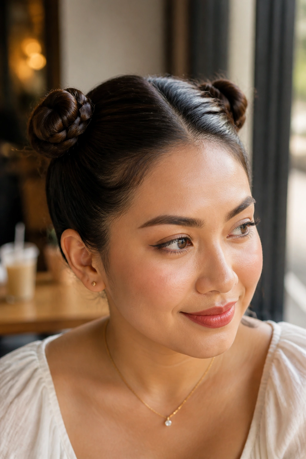 Close-up of a real person with two small rose buns below the crown in a cafe