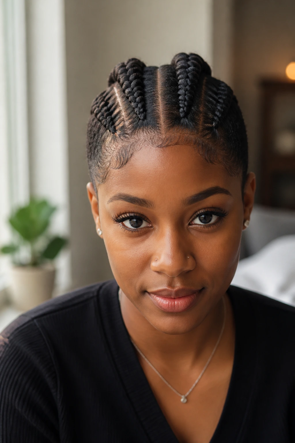 Close-up of a person with two parallel mohawk braids down the center