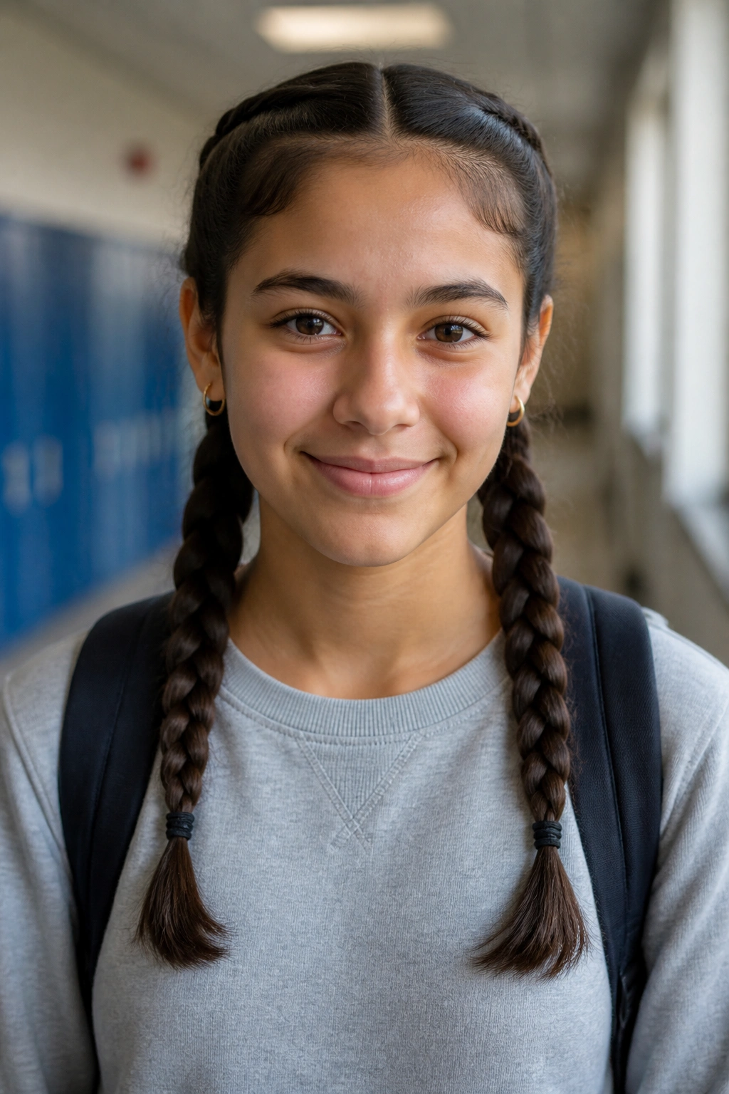 Close-up of a real person with two neat pigtail braids.