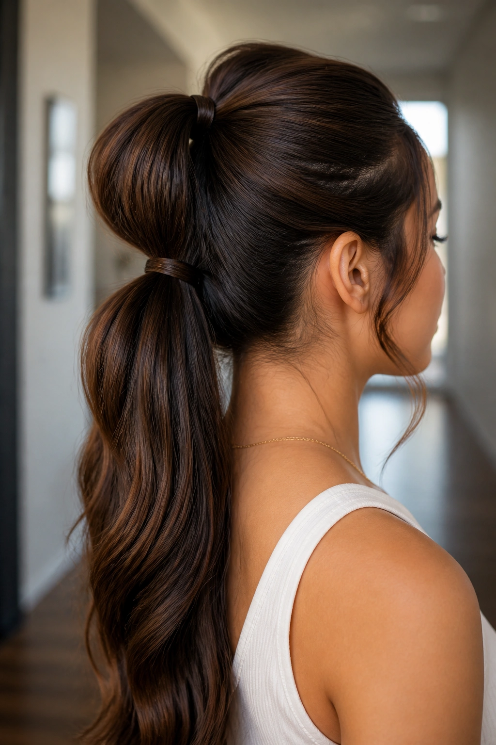 Real woman with two stacked ponytails at the crown, top and bottom tails visible.