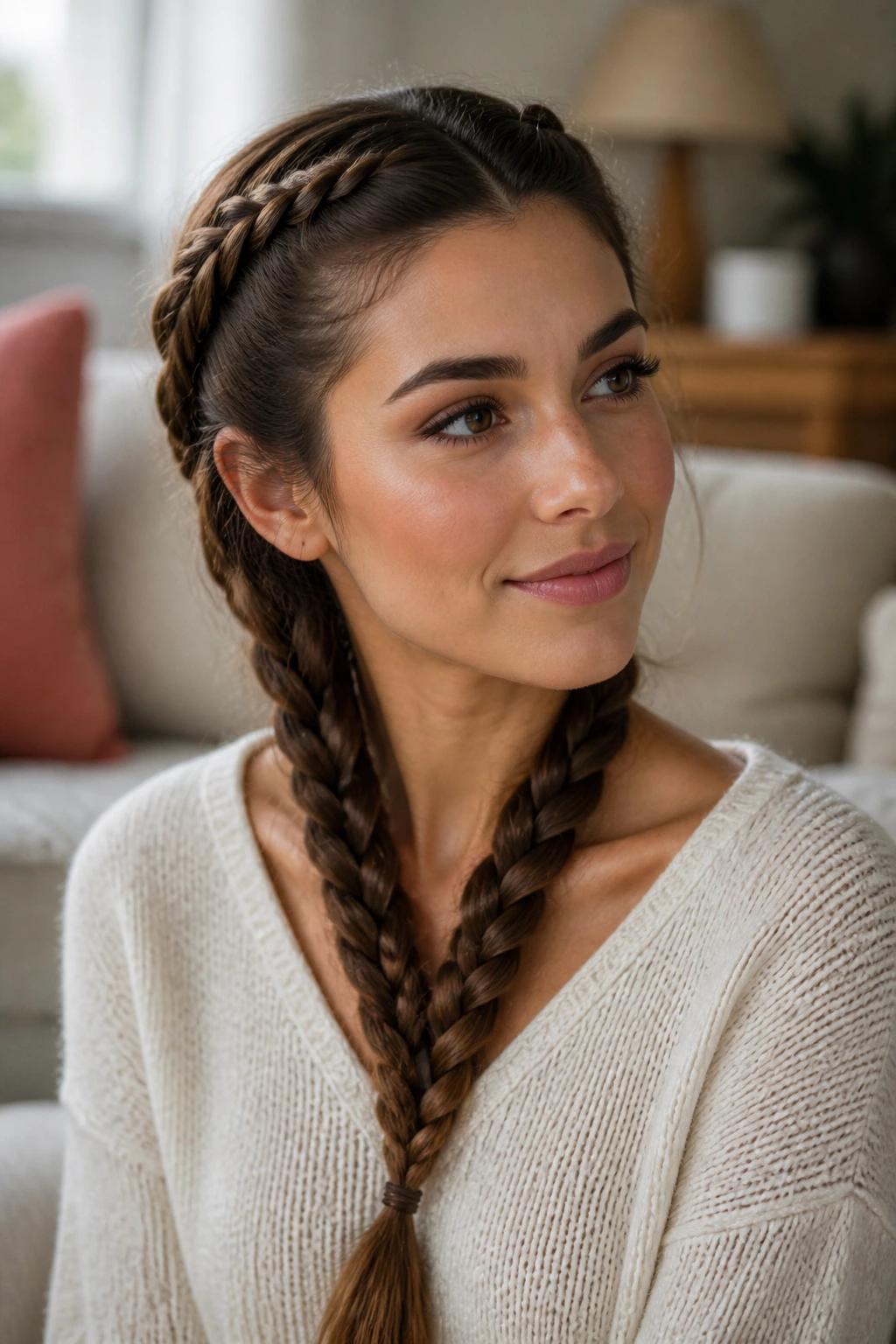 Two side braids merging into one on a real woman with symmetric braid