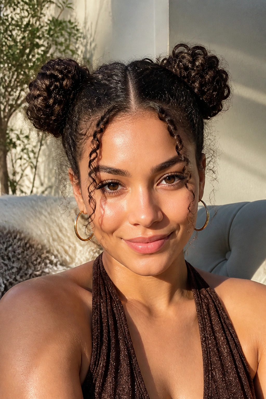 Real woman with double space buns and face-framing curls