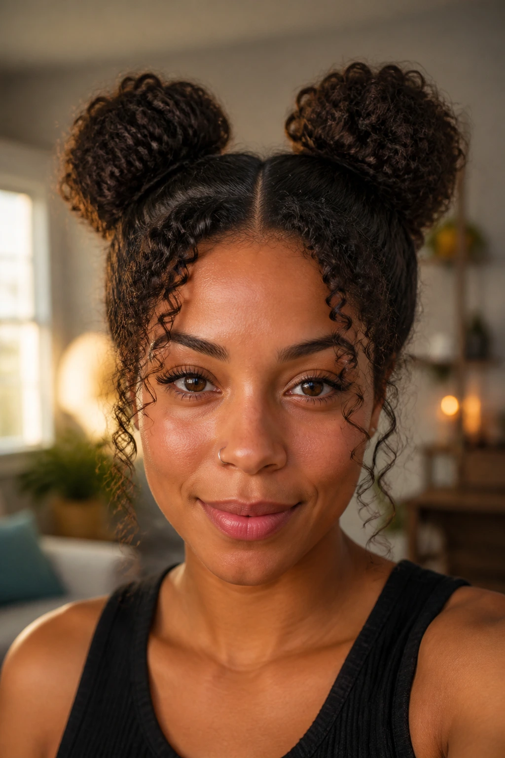 Close-up portrait of a real woman with double space buns and natural hair texture in warm light
