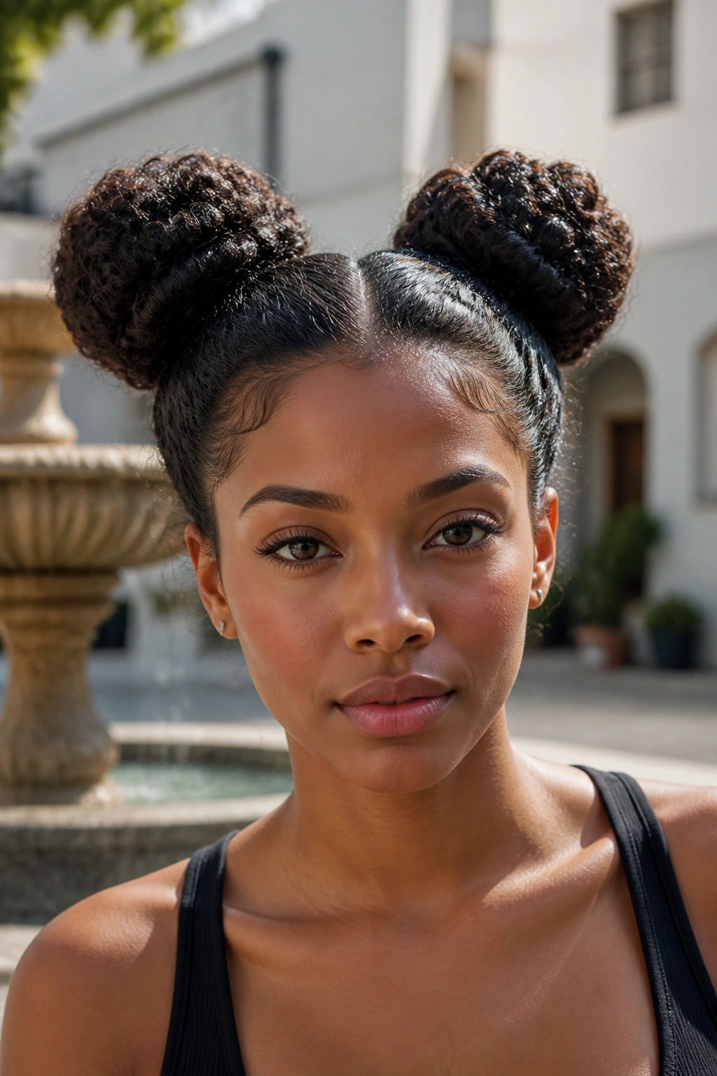 Close-up of a real woman with double space buns in an outdoor setting
