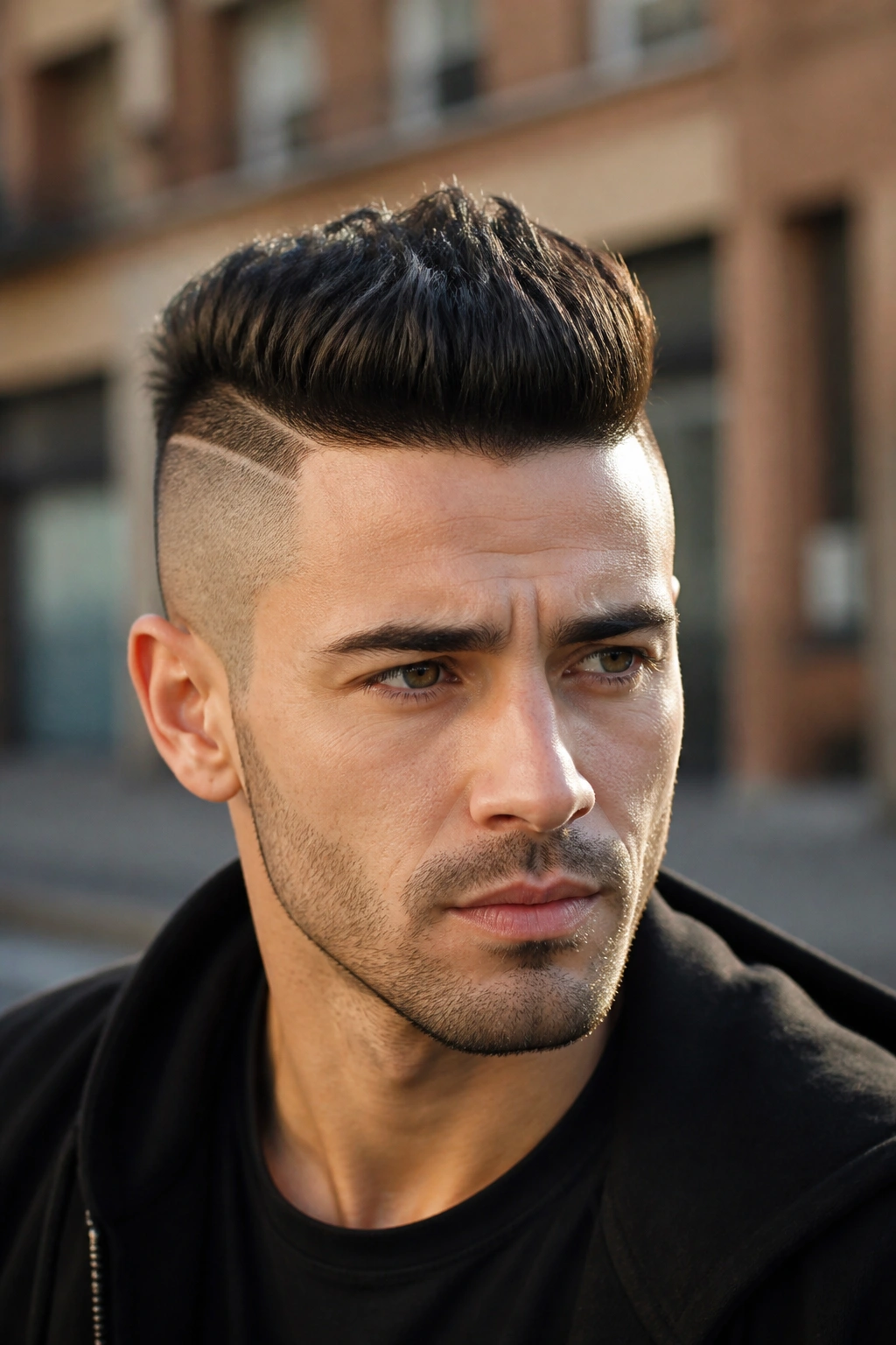 Real person with double temple shave and center volume