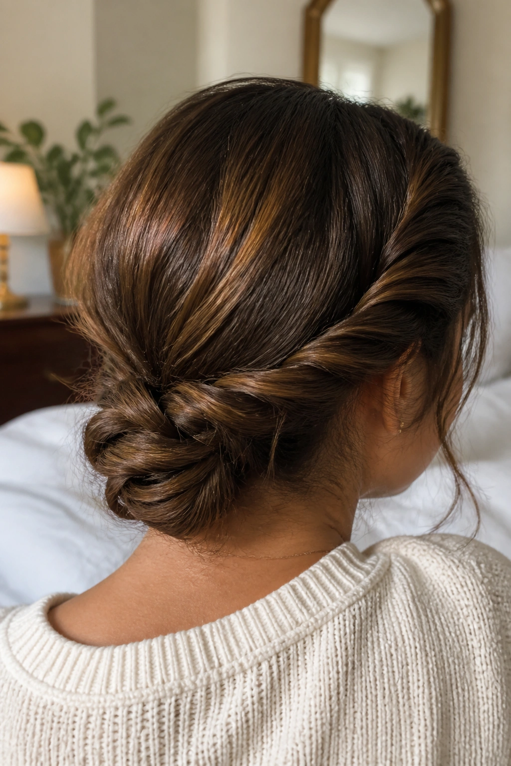 Close-up of a real woman showing a double twist bun at the nape with textured waves.