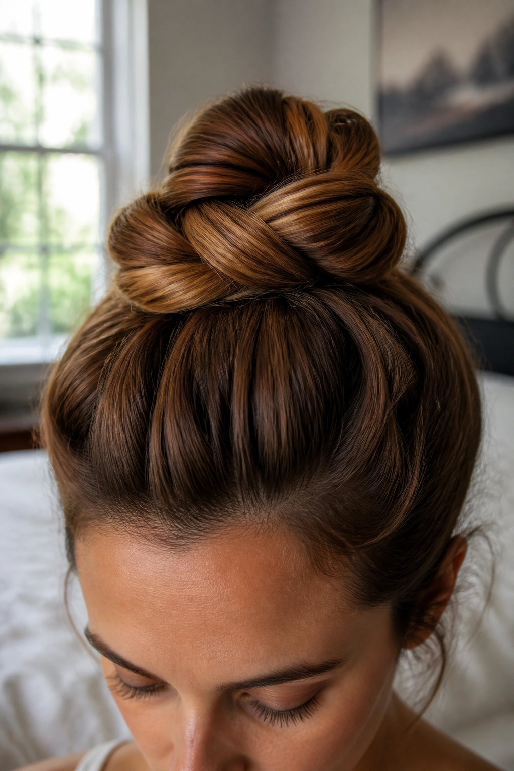Close-up portrait of a real woman with a double-twist knot in long hair