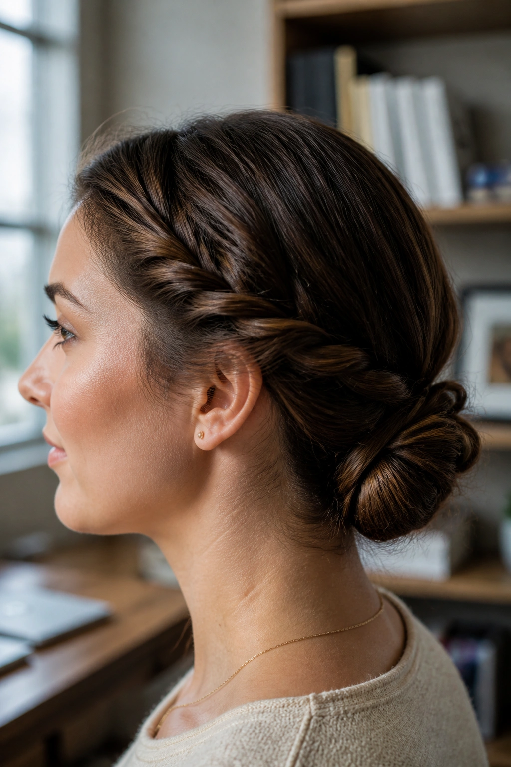 Close-up of a real woman with a double-twist low bun at the nape