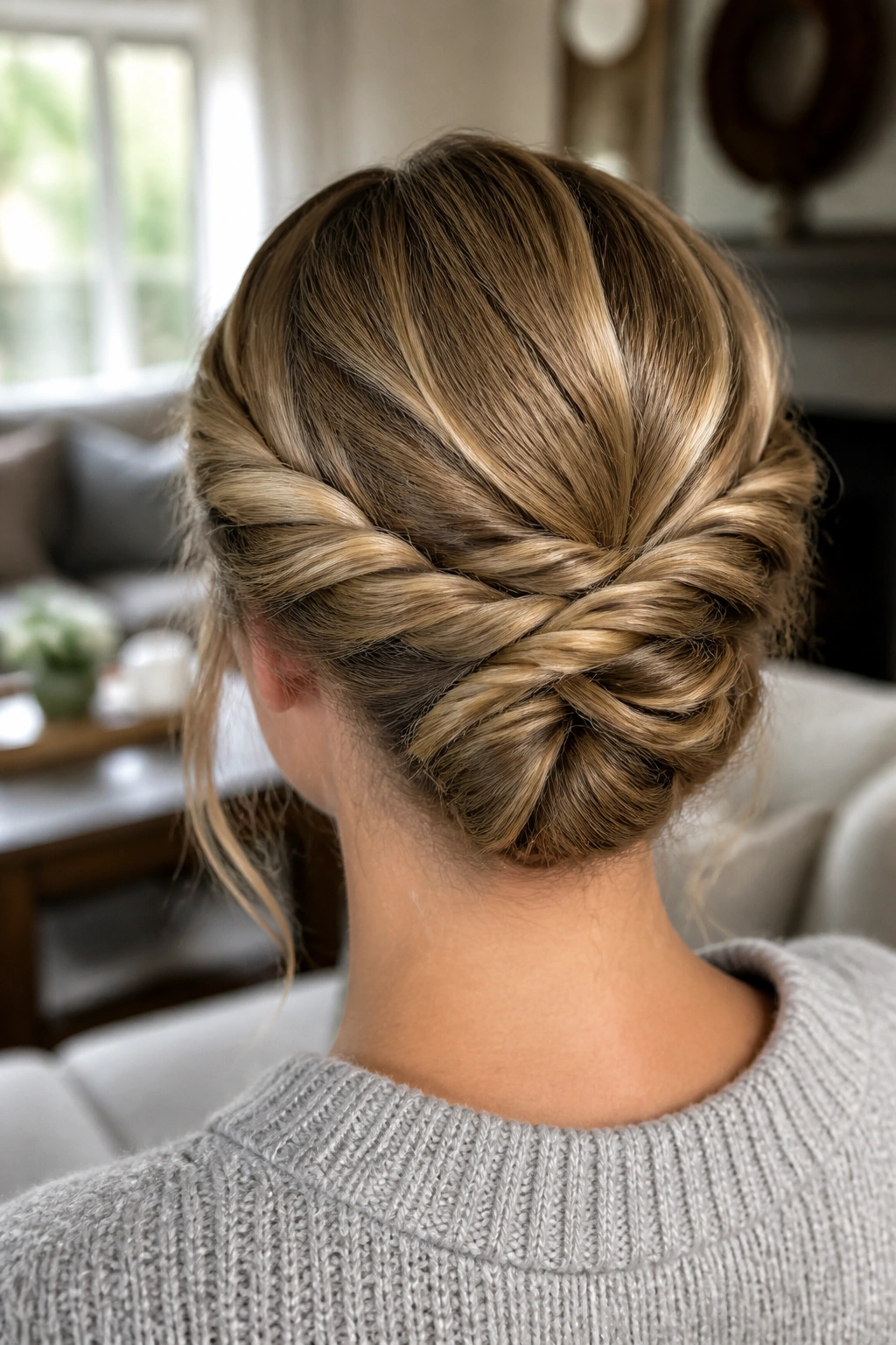 Close-up back view of a real person with a double-twist updo.