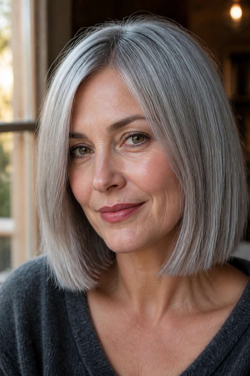 Close-up portrait of a real woman with a dove gray blunt-cut bob in soft lighting