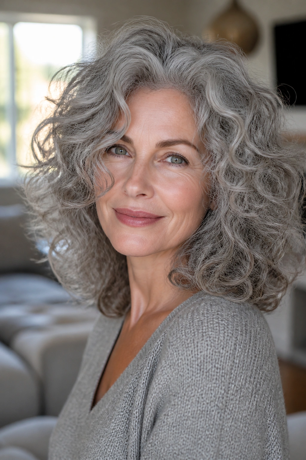 Close-up of a real person with metallic dove gray curls and soft shine.