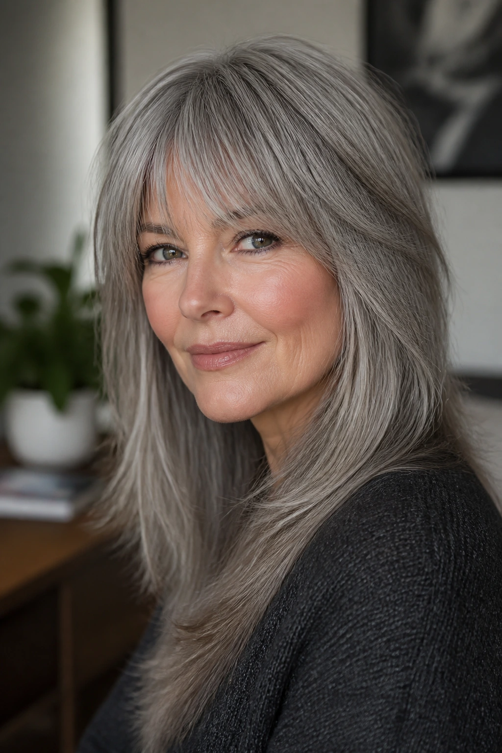 Real woman with dove gray feathered fringe in a softly lit living space