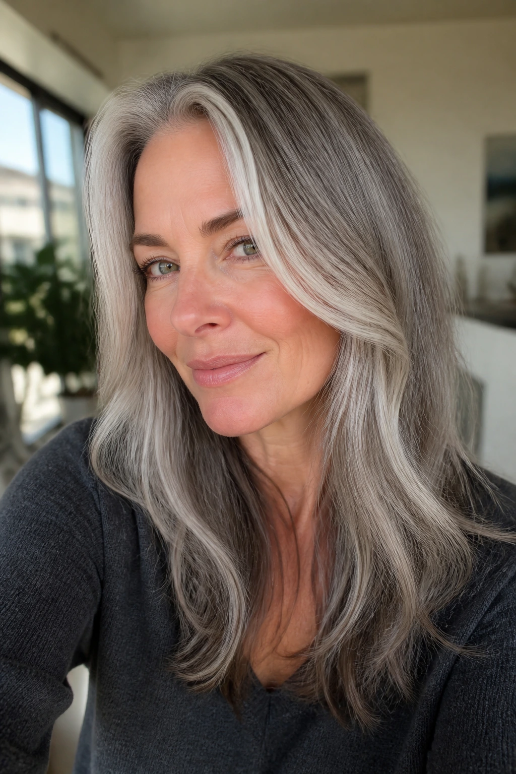 Close-up of a real person with dove gray hair and face-framing money pieces