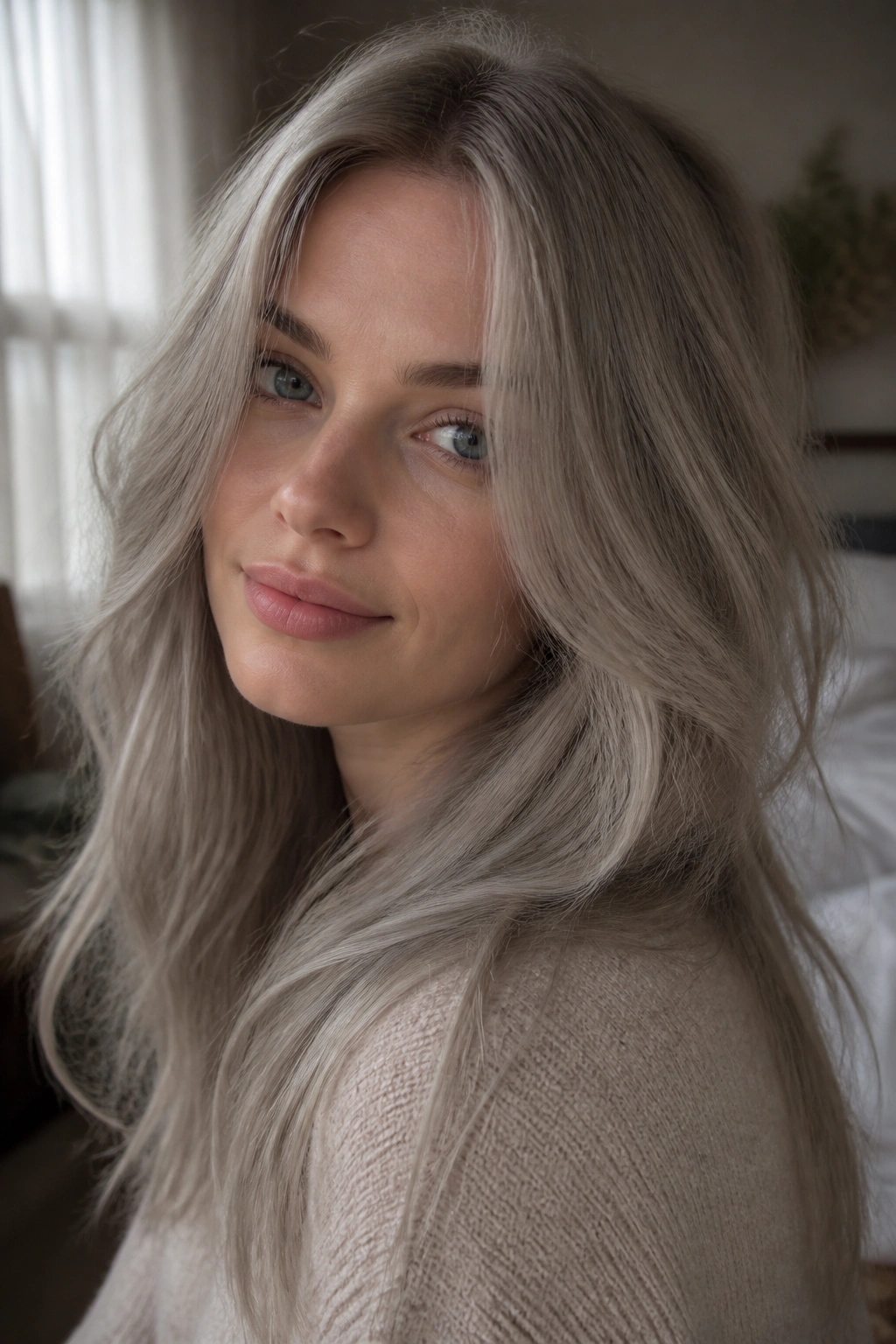 Close-up portrait of a woman with dove grey blonde hair in soft light