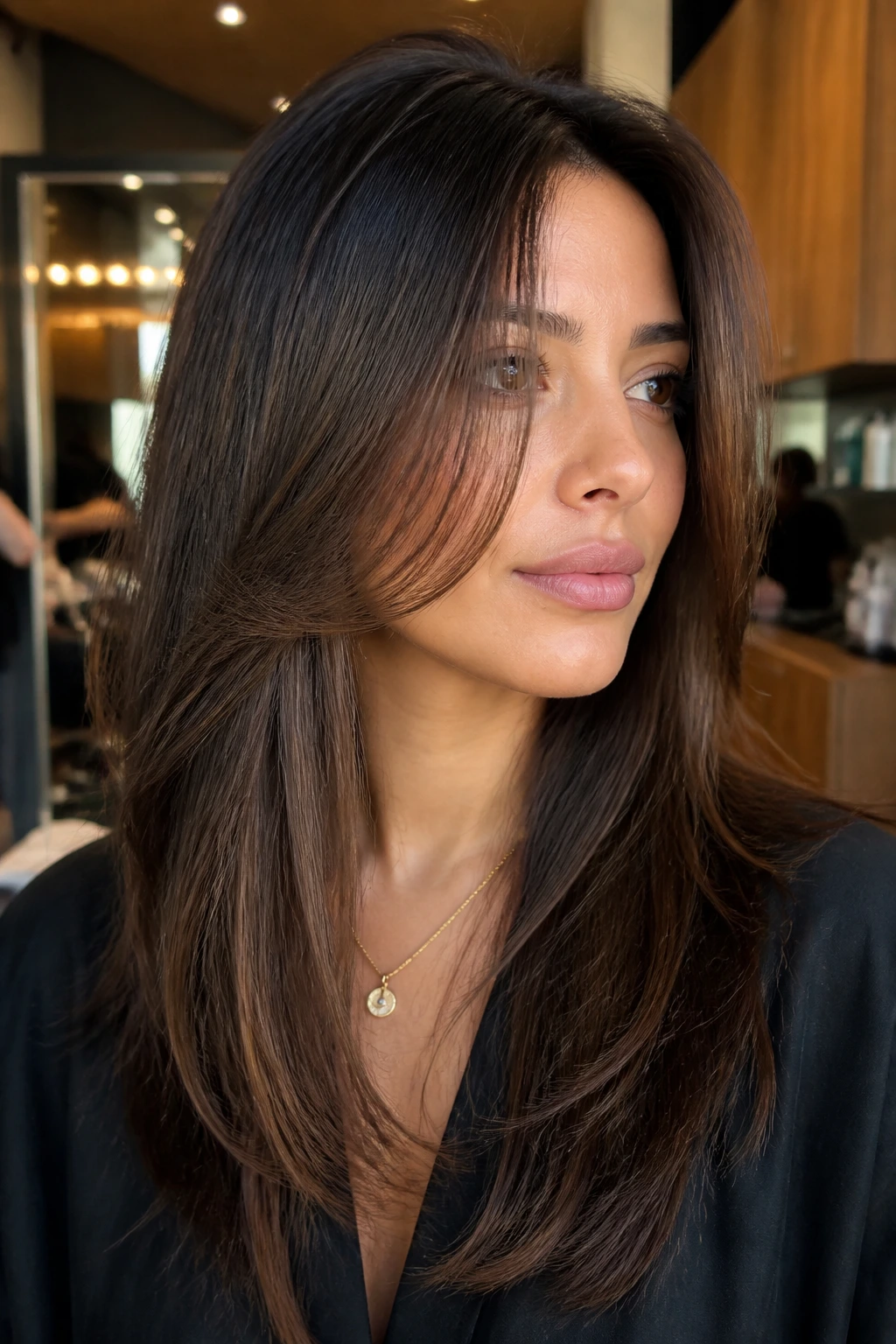 Portrait of a woman with dramatic face-frame layers framing her jawline