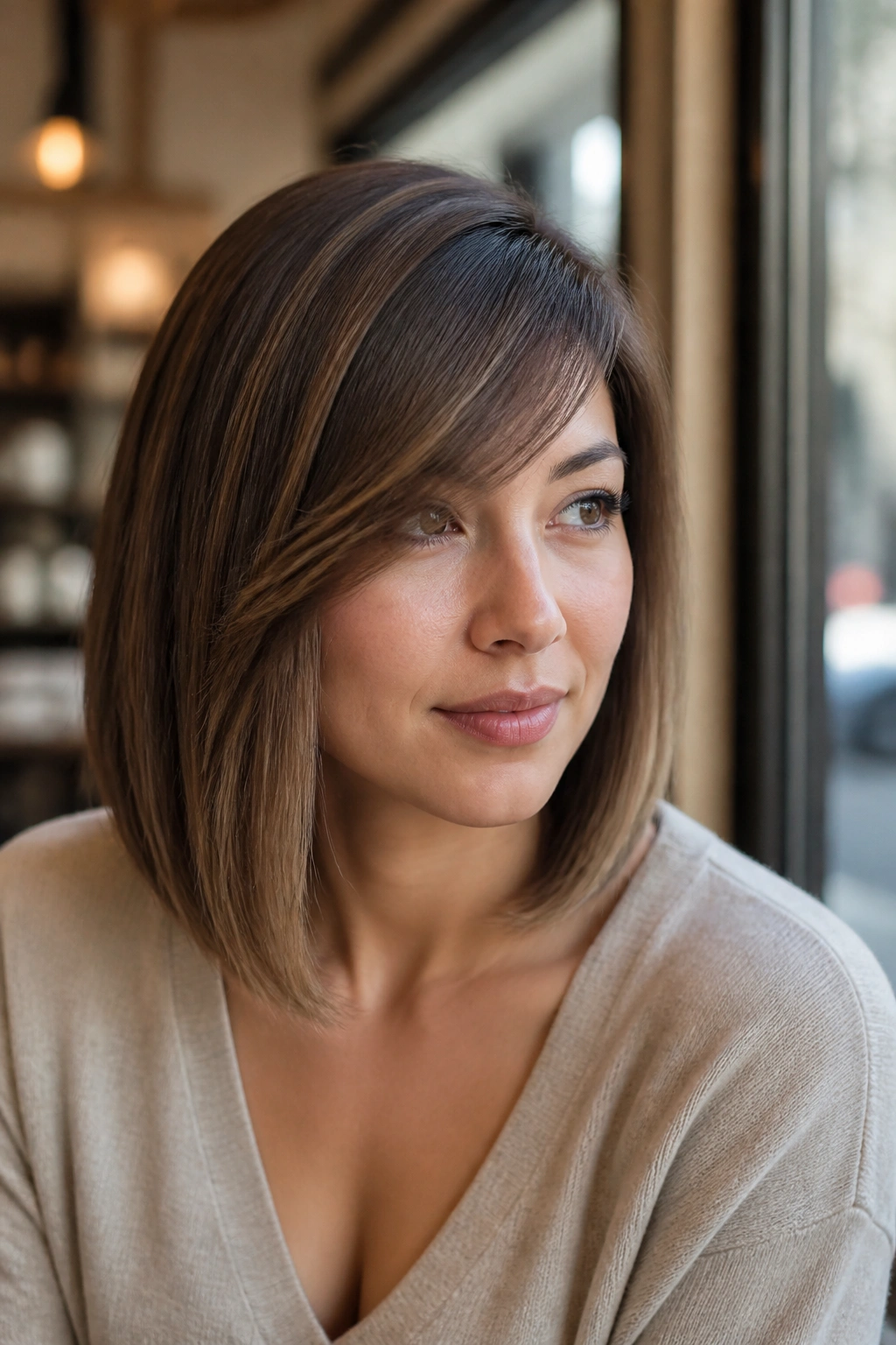 Close-up of a real woman with a draped side-bang lob in natural light