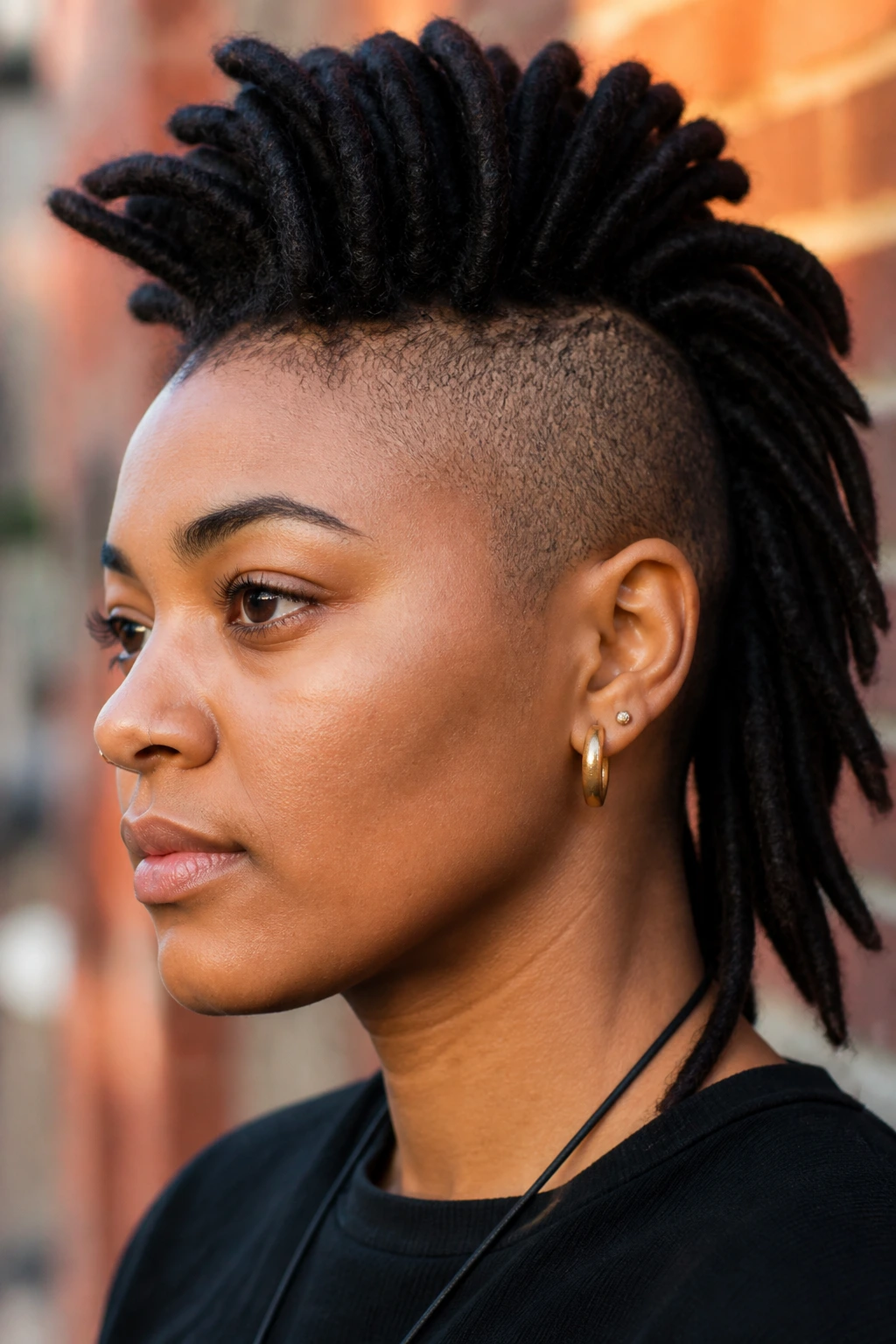 Close-up portrait of a real person with a dreadlock Mohawk and shaved sides.