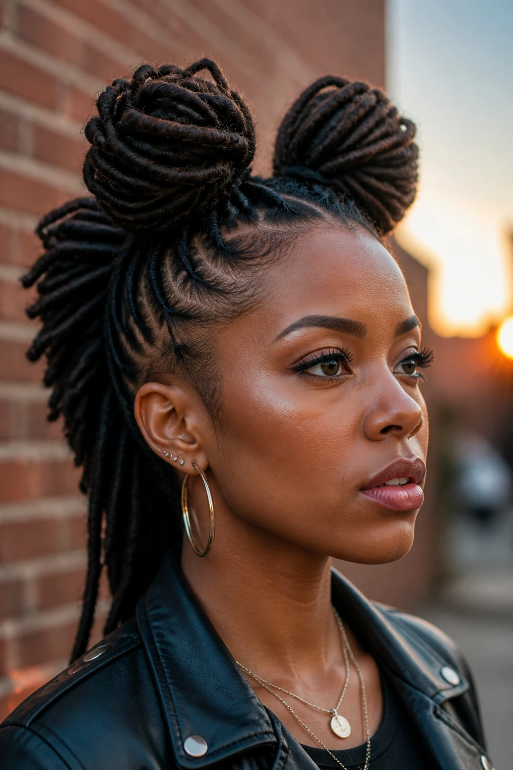 Close-up portrait of a person with two-bun dreadlock mohawk on an urban street at sunset