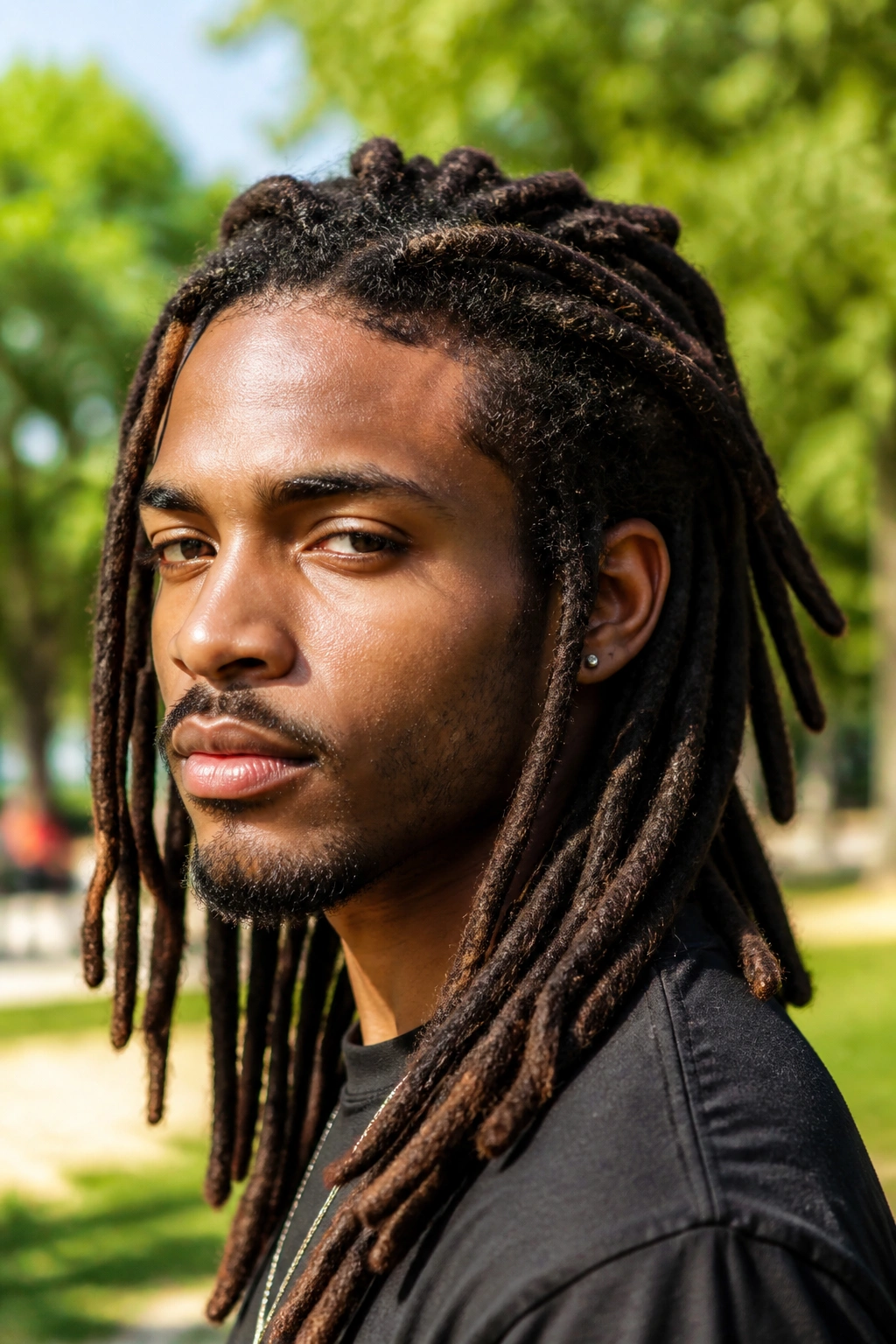 Close-up of a man with dreadlocks in natural sunlight at a park